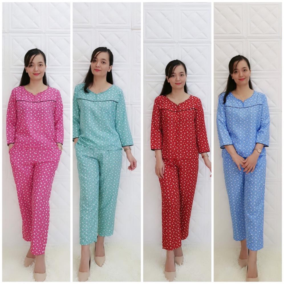 Đồ bộ Pijama quần dài áo phối tay lửng lụa kate họa tiết hoa năm bông ༷