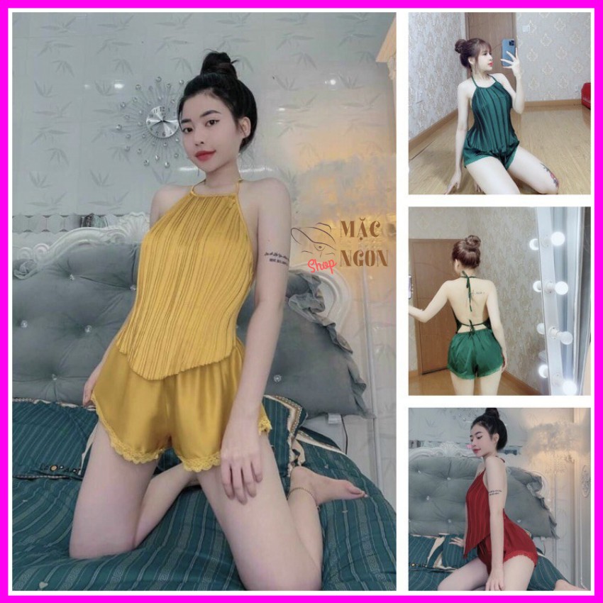 Bộ đồ ngủ yếm sexy dập ly nữ < freeship> dưới 60kg mặc vừa, vải mát,satin, đồ bộ nữ mặc ở nhà thoáng mát