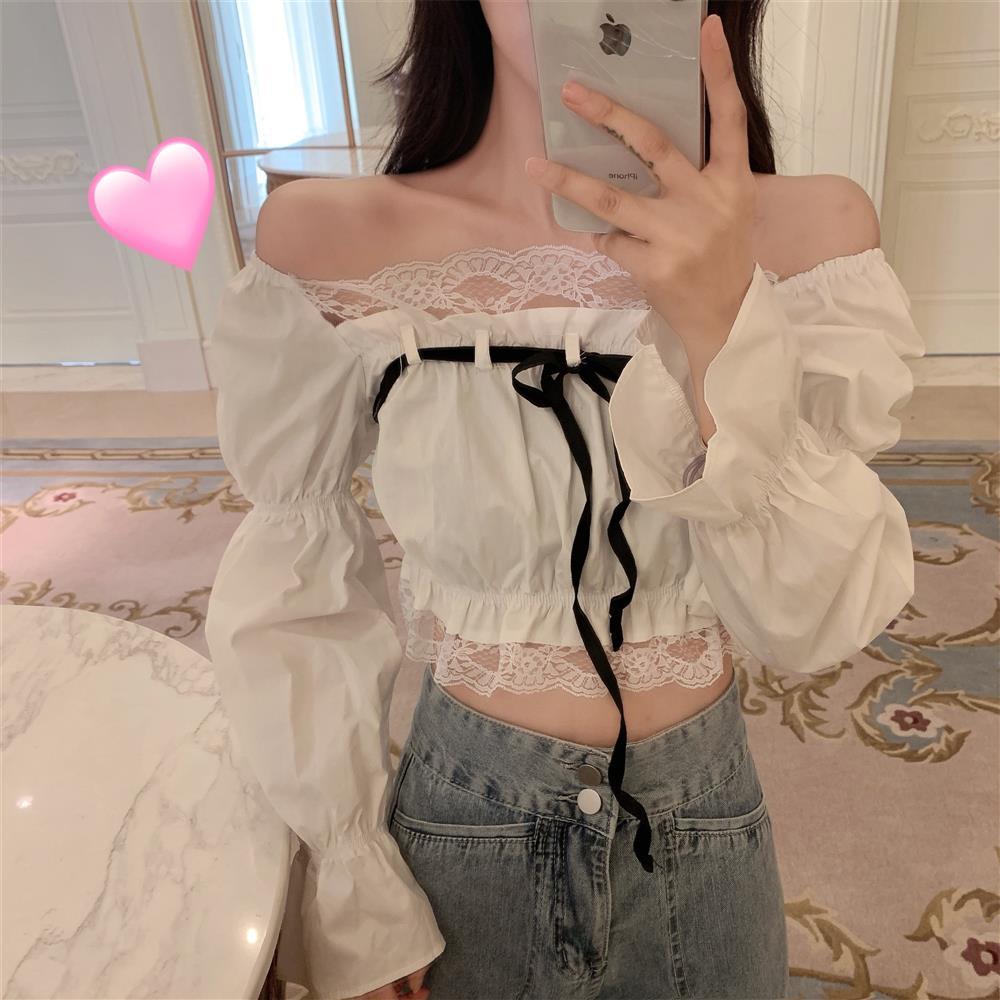 Áo Kiểu Nữ Blouses Women Lace Stitching Off-shoulder Long Sleeve New Waisted