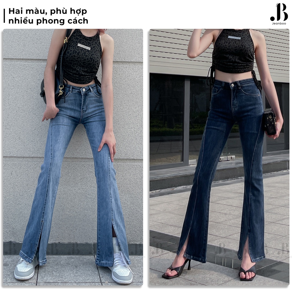 Quần jean đen nữ ống loe xẻ tà ulzzang Spandex Cotton, quần jeans đen nữ ống loe xẻ tà co giãn 4 chiều 13BXC01 - JEANBOO