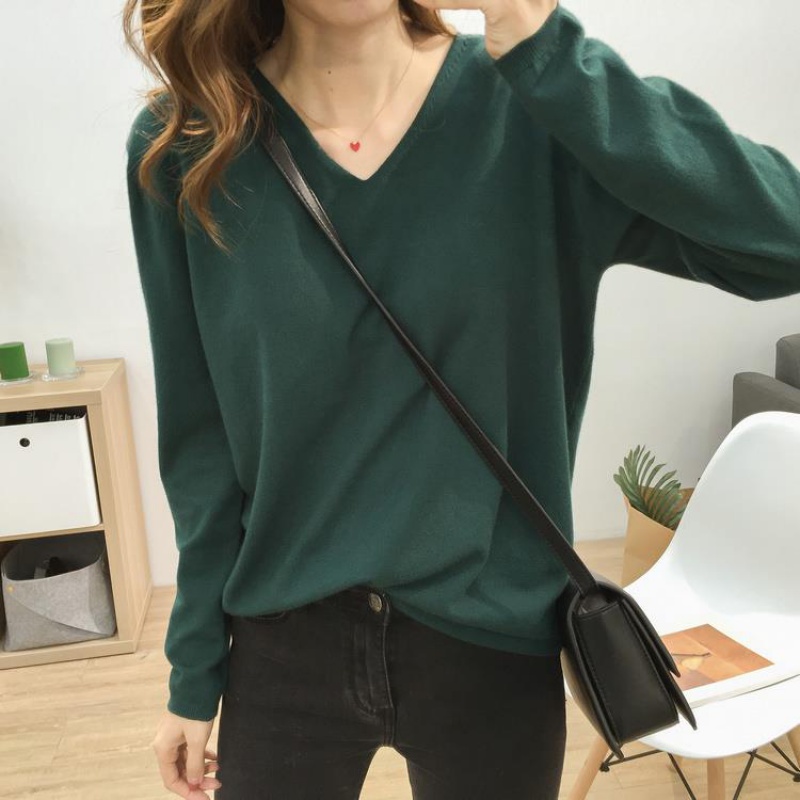 Áo dệt kim sáp mềm tay dài cổ chữ V màu trơn dáng rộng thoải mái nhiều màu tùy chọn phong cách basic cho nữ mặc lót
