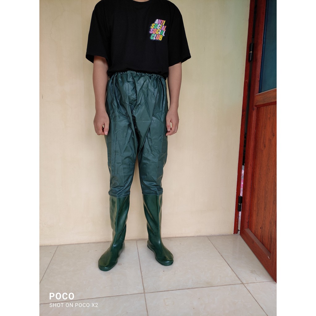 Ủng quần 2 lớp Hoa San size 35-43 đế mềm màu xanh, ủng lội nước dài đến bụng