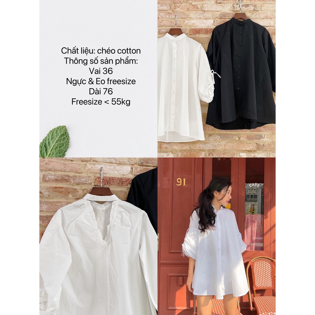 ÁO SƠMI KIỂU FORM SUÔNG CỘT NƠ TAY ÁO HAI MÀU TRẮNG ĐEN - BOW SHIRT