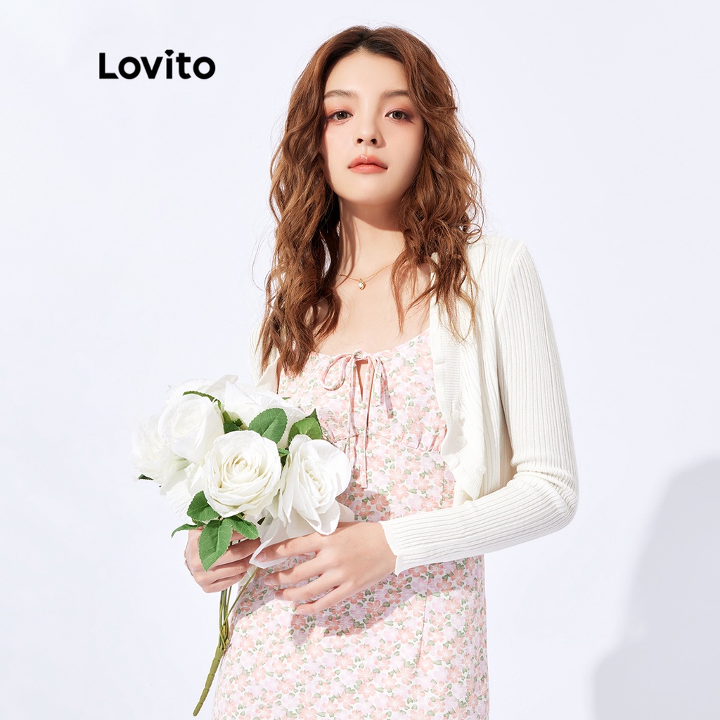 Áo cardigan Lovito tay dài viền nhún bèo màu trơn phong cách thường ngày Hàn Quốc L32FW064 (màu trắng)