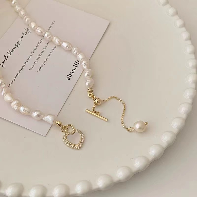 iF YOU Vòng cổ   mặt trái tim phối ngọc trai giả phong cách Hàn Quốc cổ điển thời trang cho nữ