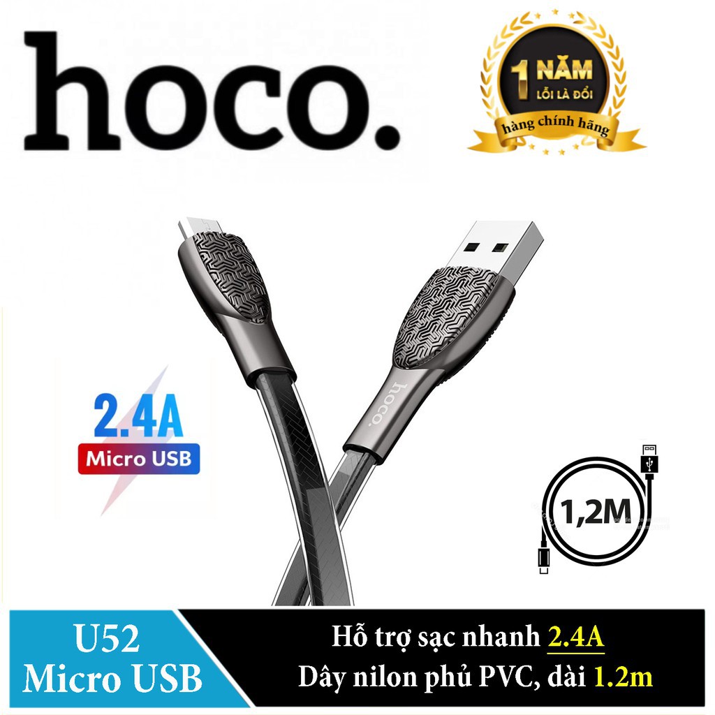 Cáp sạc Micro USB Hoco U52 sạc nhanh 2.4A dài 1.2m cho điện thoại SAMSUNG/XIAOMI/OPPO