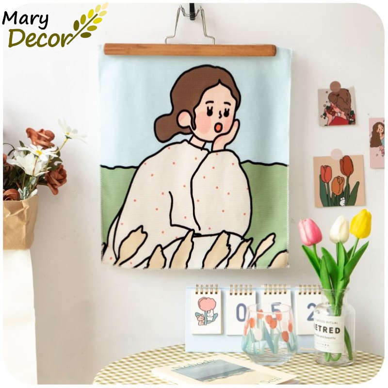 Sticker dán / Tấm tranh vải treo tường hình cô gái dễ thương trang trí cho phòng ngủ 32cm x 41 cm - Mary Decor