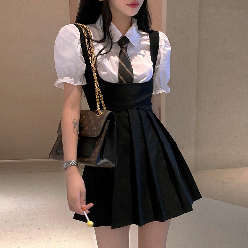 Bộ Áo Sơ Mi Ngắn Tay + Đầm Sát Nách Thời Trang Mùa Hè Dễ Phối Đồ Cho Nữ