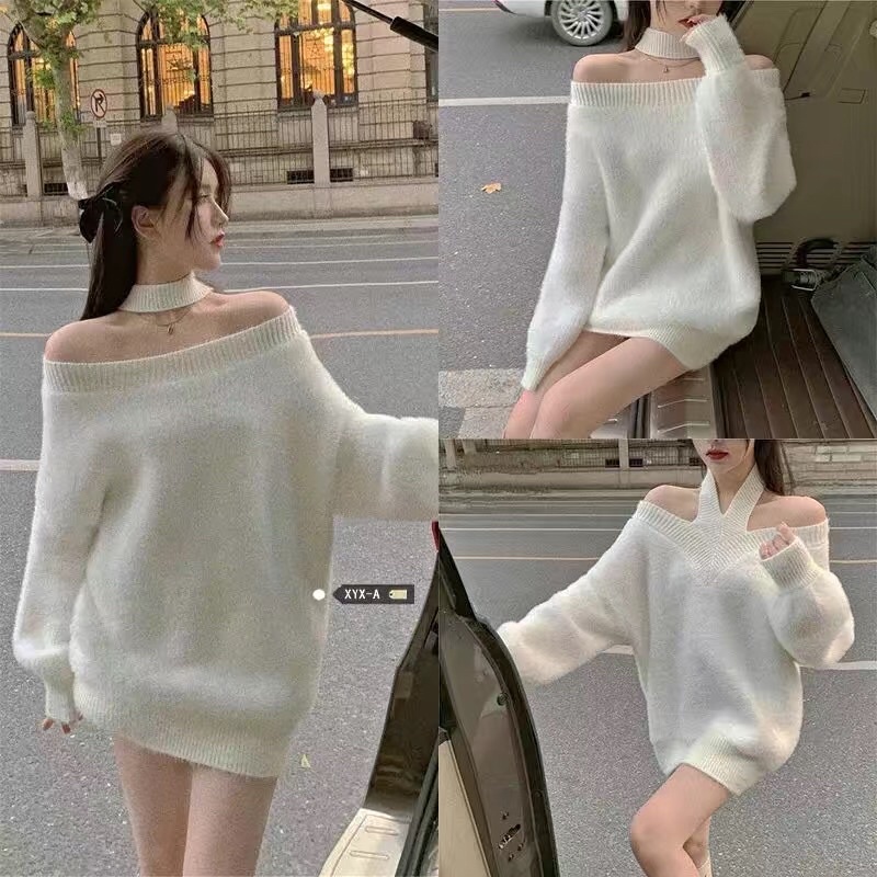 Áo len nữ dáng rộng , có thể mặc giấu quần . Áo len trễ vai . b nào tầm dưới 160cm mặc ok đó ạ