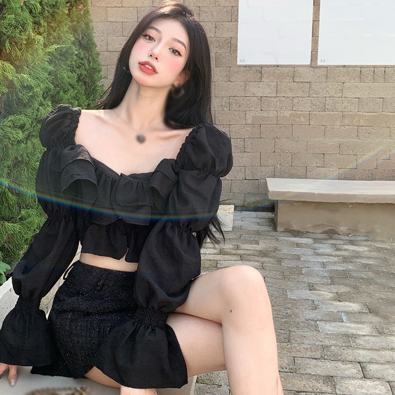 Áo kiểu nữ Hàn quốc tay dài phối bèo tay nhún chất xốp dễ thương cho nàng bánh bèo - AO086 | BigBuy360 - bigbuy360.vn