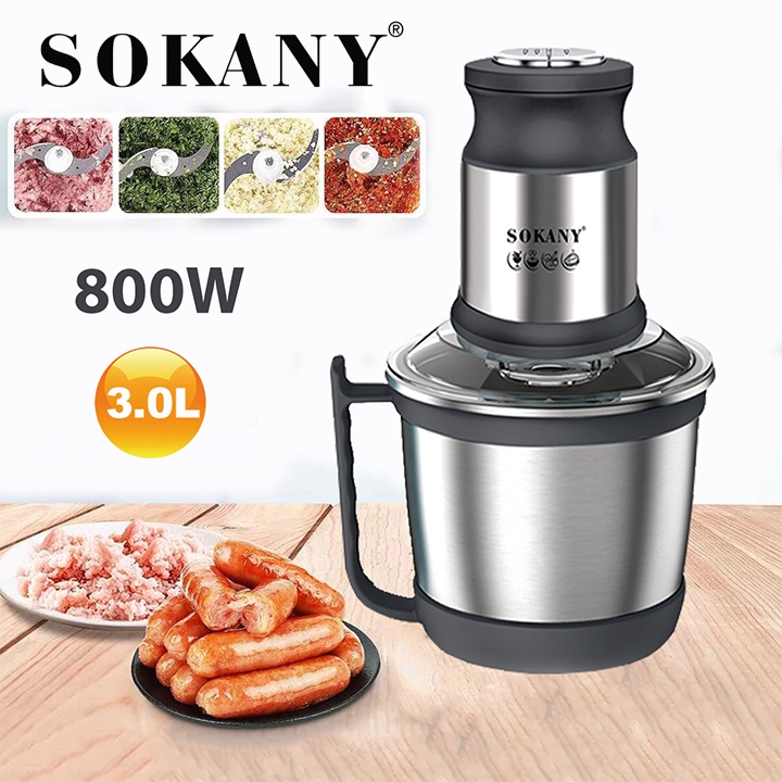 Máy Xay Thịt Cầm Tay SOKANY Cối Inox 3L Đa Năng 4 Lưỡi Công suất 800W Xay Cua Cá, Tỏi Ớt, Rau Củ Quả