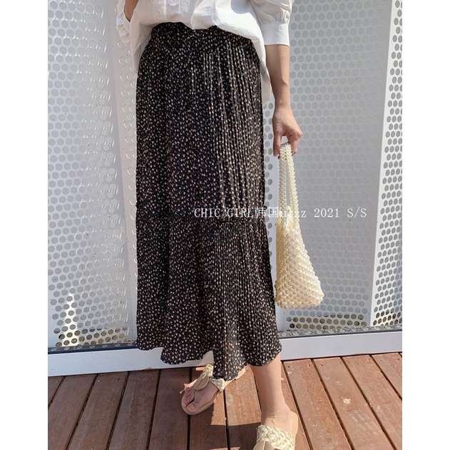 Chân váy hoa nhí dập li nhỏ có lót trong - Chân váy dài xoè chiffon hoa nhí ulzzang LUMII