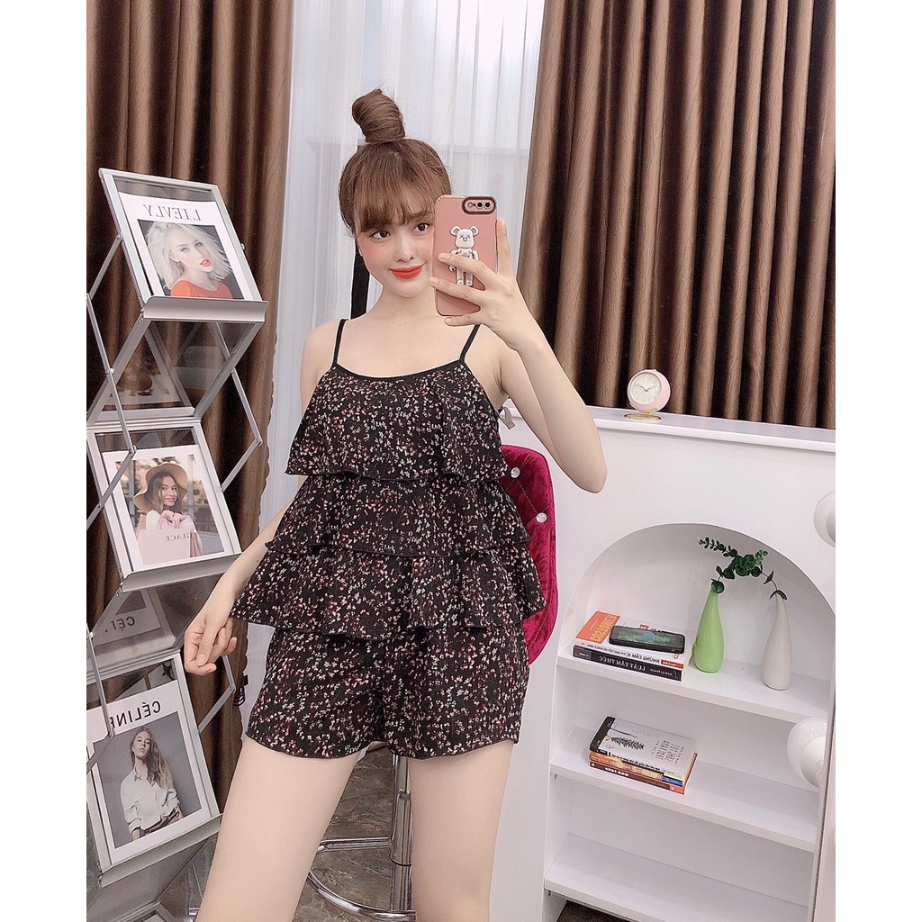 Set đồ ngủ nữ 2 dây nhỏ 3 tầng mãu họa tiết lạ siêu xinh -giao màu ngẫu nhiên tương tự freesize dưới 57kg