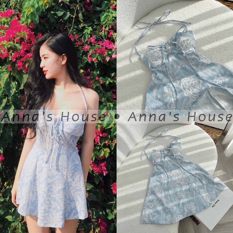 HÌNH THẬT - Đầm hoa xanh khoen rút dây cúp ngực cổ yếm