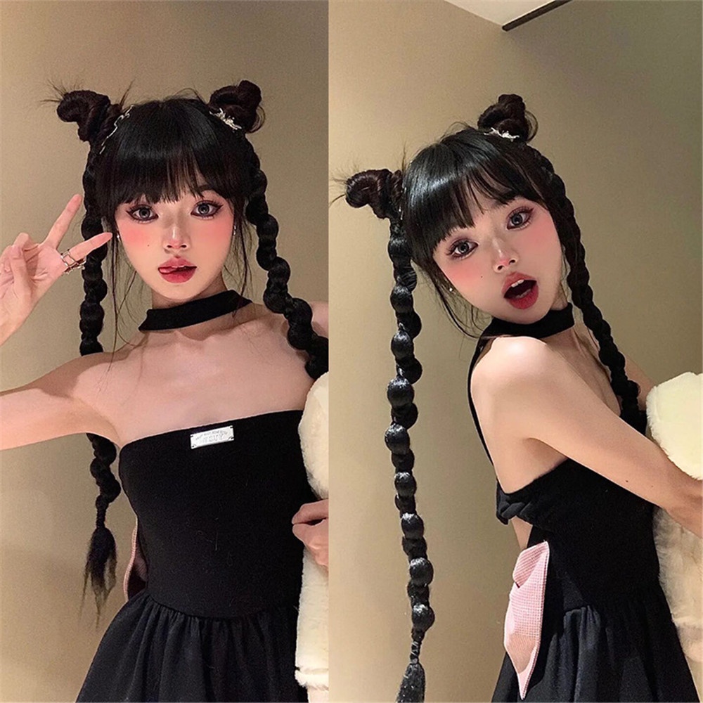 Bộ 2 Tép Tóc Giả Màu Đen Thắt Bím Đuôi Ngựa Phong Cách Hip Hop