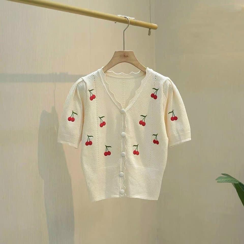 ÁO LEN NỮ TAY NGẮN LƯỢN SÓNG THÊU QUẢ CHERRY CỰC NỮ TÍNH - CHẤT VẢI MÁT MẺ