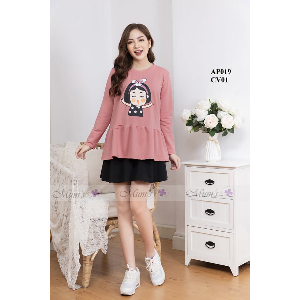 ÁO BẦU 🚛FREESHIP🚛 CHẤT nỉ dài tay hình cô gái😍Thời trang bầu công sở
