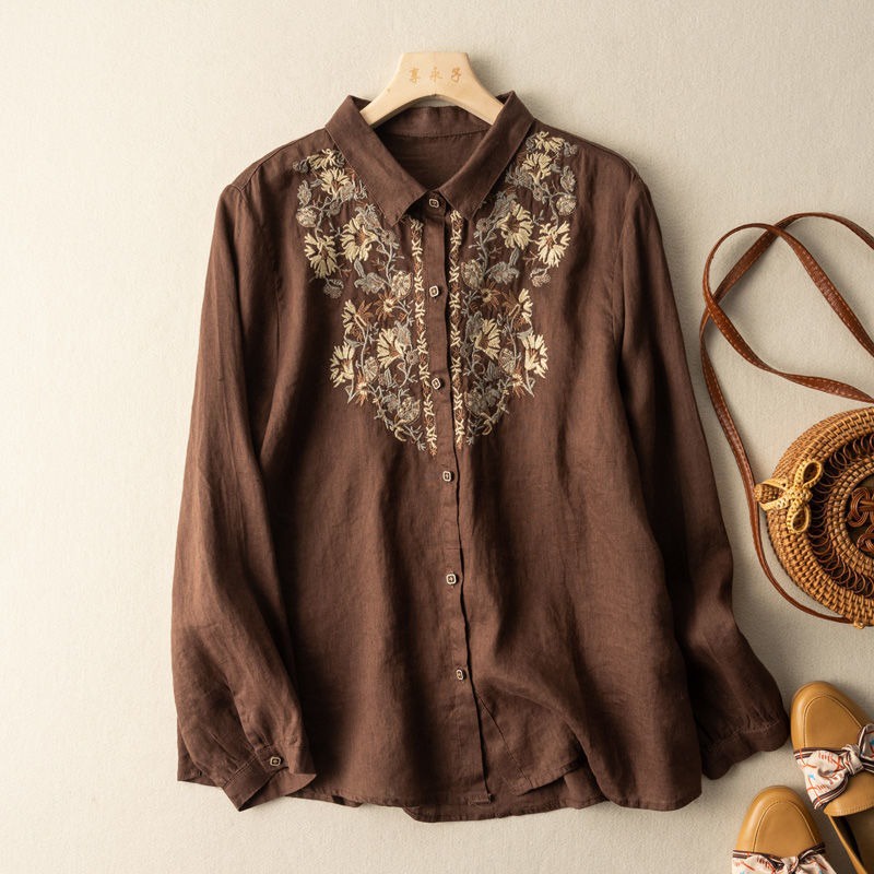Ice retro embroidered flower linen blouse cotton linen long-sleeved shirt high-end brand cut label
