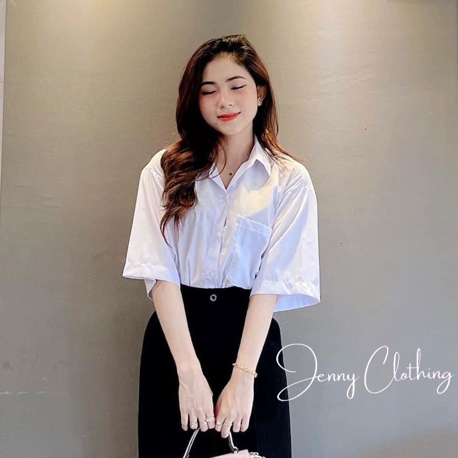 Áo sơ mi nữ form rộng cộc tay kiểu dáng basic màu trắng mặc đi học sinh viên công sở thấm mồ hôi cực tôn dáng