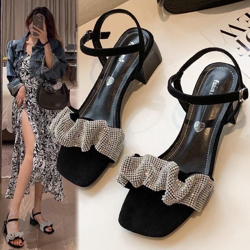 Giày Sandal Cao Gót Đế Dày Quai Đính Đá Phong Cách Roman Thời Trang Mùa Hè Mới 2022