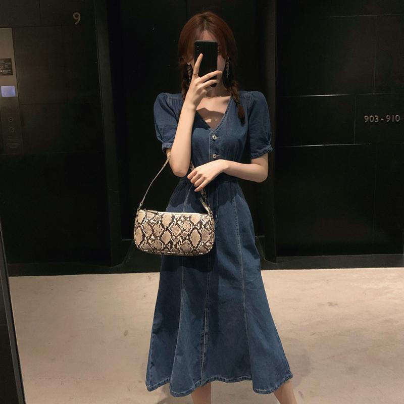 Đầm Denim Dáng Dài Ôm Eo Thời Trang Mùa Hè Dành Cho Nữ