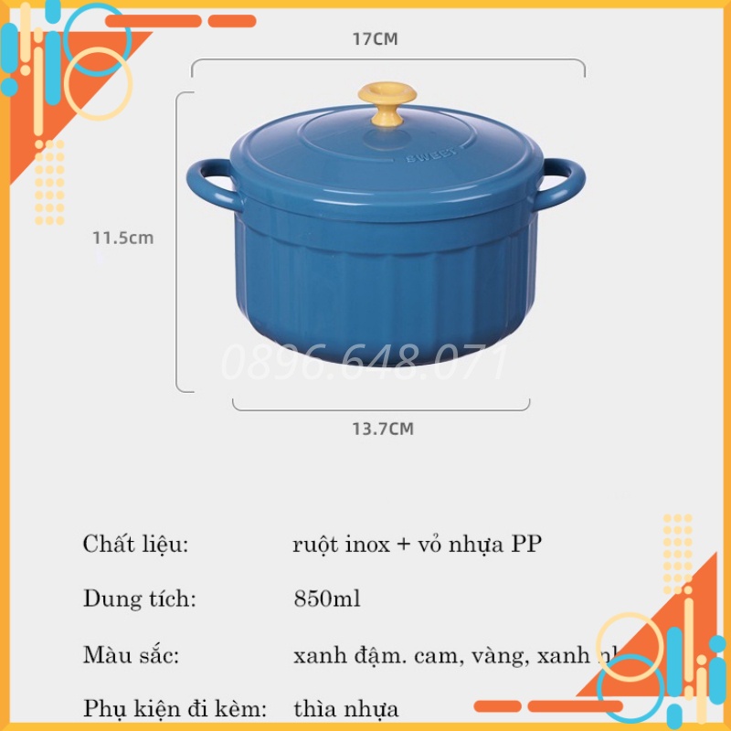 Bát Ăn Mì Có Nắp Cute Có Tay Cầm Inox Phong Cách Hàn Quốc Kèm Thìa, Bát Úp Mì Tôm Tiện Lợi Cực Xinh