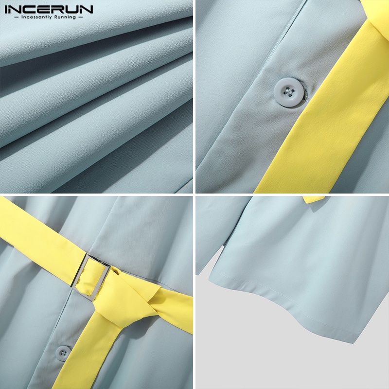 INCERUN Bộ Áo Liền Quần Cổ Bẻ Không Tay Phối Thắt Lưng Thời Trang Mùa Hè Cho Nam