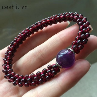 Vòng tay dây bện xâu hạt ngọc hồng lưu và một hạt thạch anh tím tự nhiên