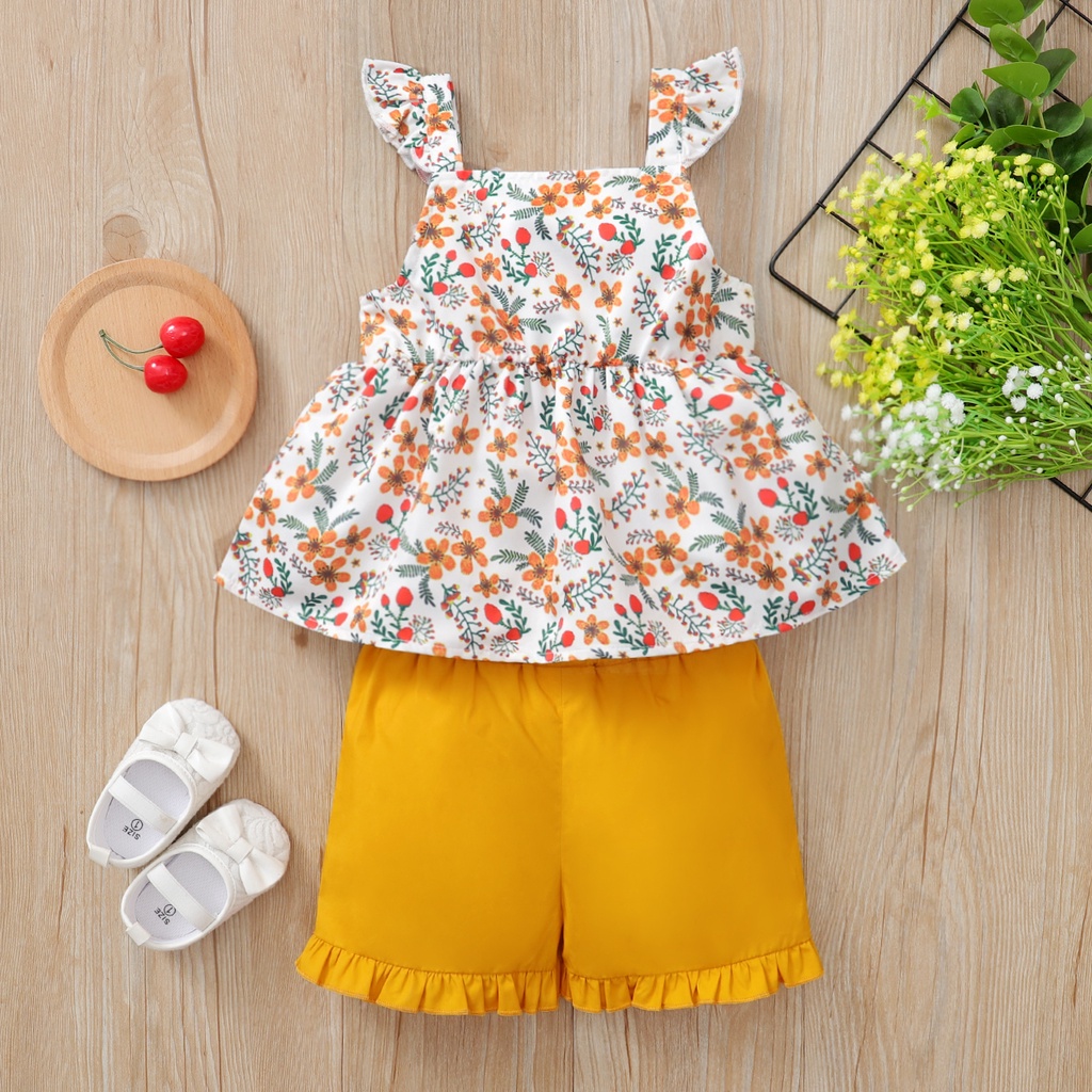 Set áo tay cánh tiên họa tiết hoa + quần ngắn dễ thương MIKRDOO thời trang mùa hè dành cho bé gái