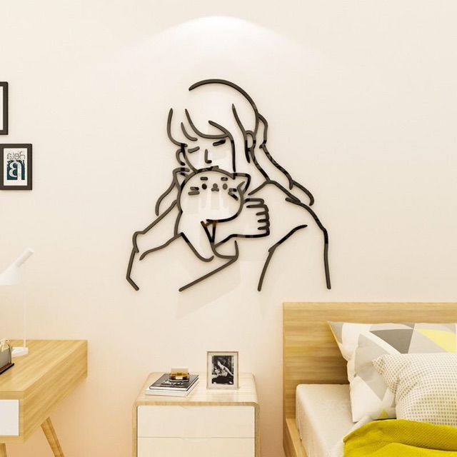 Tranh dán tường mica cô gái trang trí phòng khách, phòng ngủ, quán cafe, trà sữa