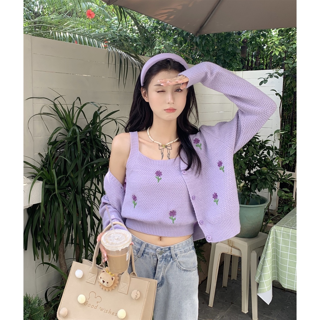 Bộ Áo Hai Dây Thêu Hoa + Áo Khoác Cardigan Dệt Kim Ngắn Thời Trang Hàn Quốc Cho Nữ