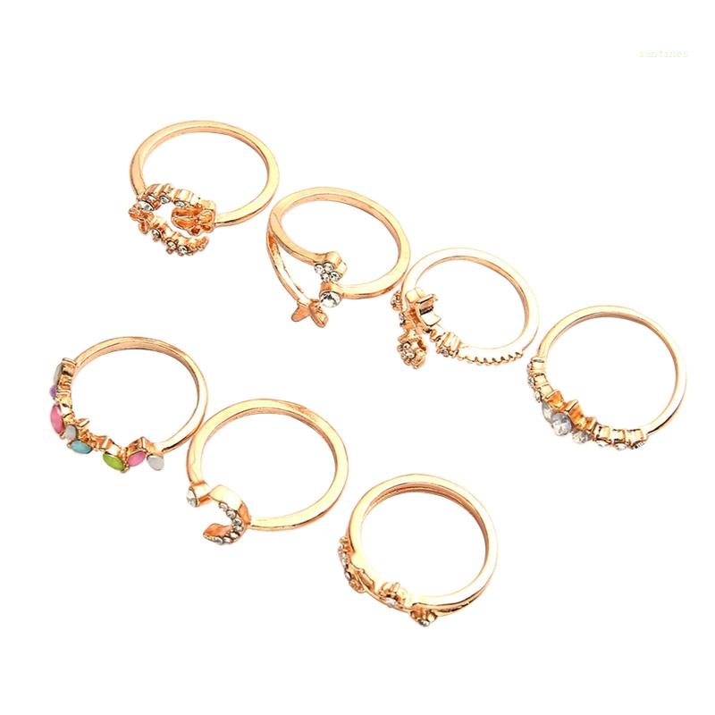 Bộ 7 Nhẫn Hợp Kim Mạ Vàng Phong Cách Hàn Quốc Có Thể Điều Chỉnh Kích Cỡ Dành Cho Nữ