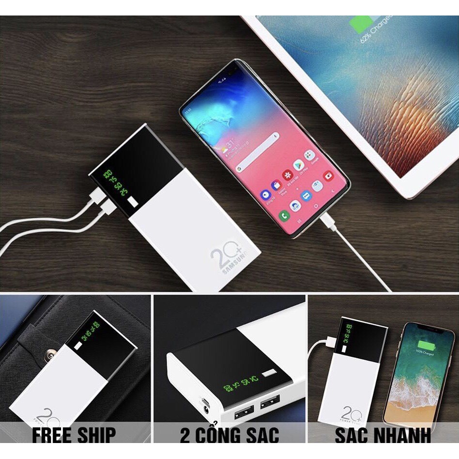 Sạc Dự Phòng 20000mAh Tích Hợp Sạc Nhanh Fast Charge Mặt Kính hiển thị pin. 2USB Có Đèn nhỏ gọn tiện lợi