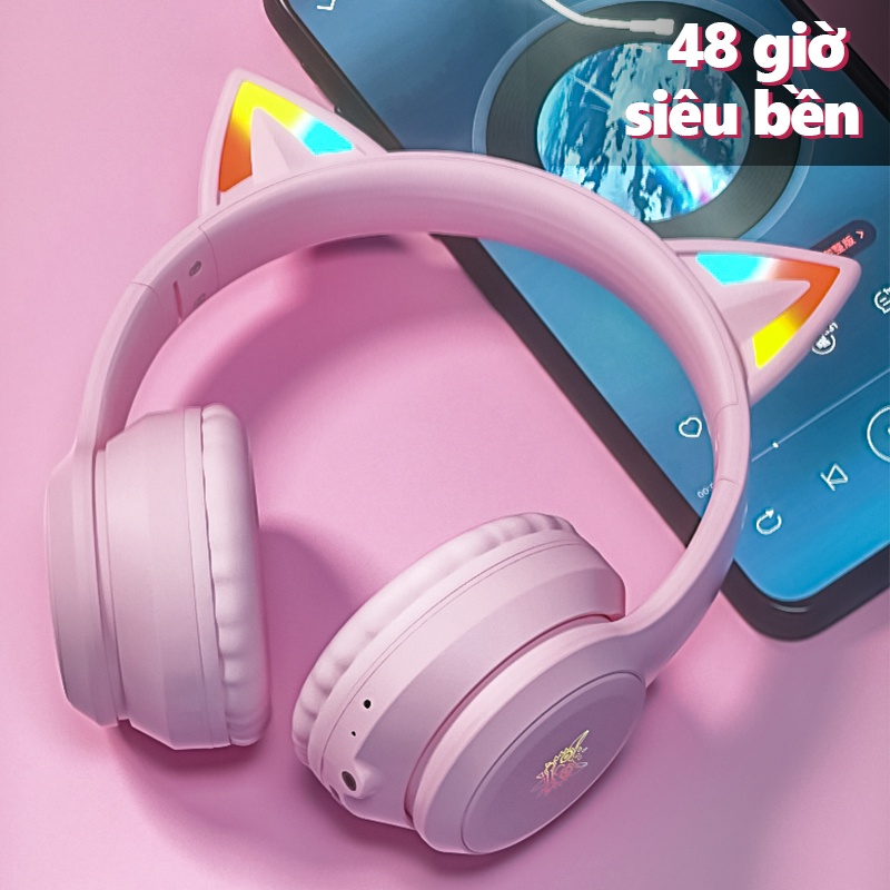 Tai nghe Chụp tai Mèo Không dây Có mic ONIKUMA B90 Màu hồng Bluetooth 5.0 Tay Headphone Gaming Có Đèn RGB, Cho PC Laptop