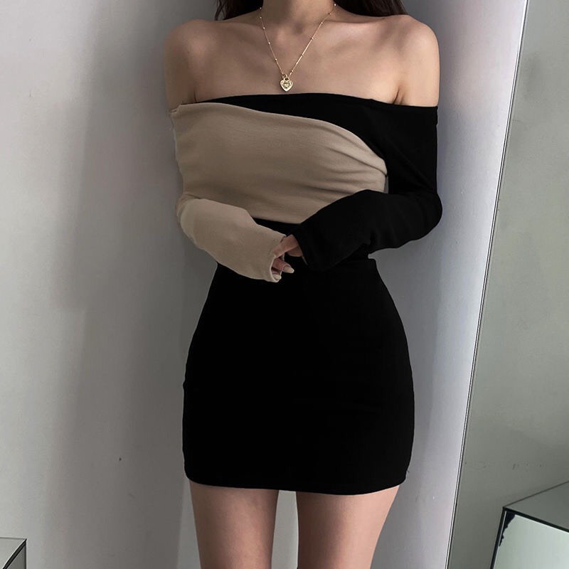 Váy dài tay ôm body 2 màu hở vai dáng ngắn thiết kế độc đáo sexy cá tính tôn dáng phong cách US UK V00047