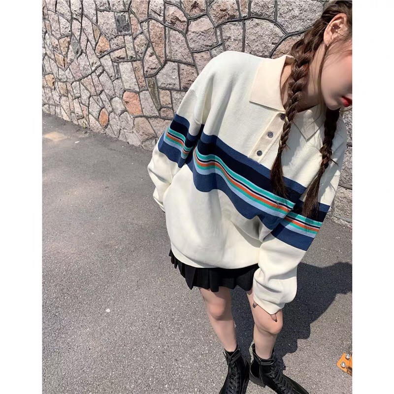 Áo sweater Polo Huzca sọc ngang tone lạnh style Hàn Quốc