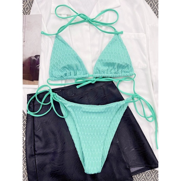 Bikini dáng tam giác thun đáp nhung xanh ngọc 2M0070