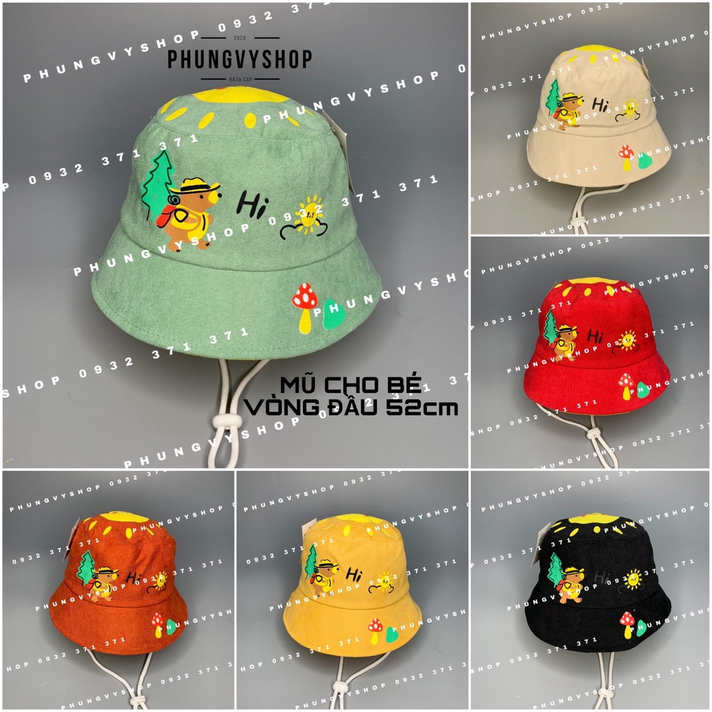 Bé 2.5-6 Tuổi/ VĐ 52cm_Mũ bucket tai bèo trai gái BO TRUNG IN BẠN GẤU ĐI CÂU CÁ CẮM TRẠI- Nón vành