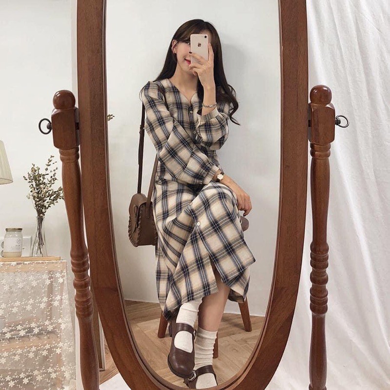 Váy dáng dài thu đông kẻ caro style vintage nữ tính (ảnh thật) | BigBuy360 - bigbuy360.vn