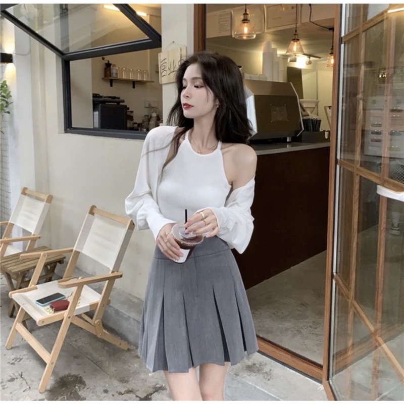 Set Áo Quây Tăm Tay Bồng L.Y Store Nữ [FREESHIP]  Bộ croptop body kèm áo khoác cardigan mini màu trắng bánh bèo Ulzzang
