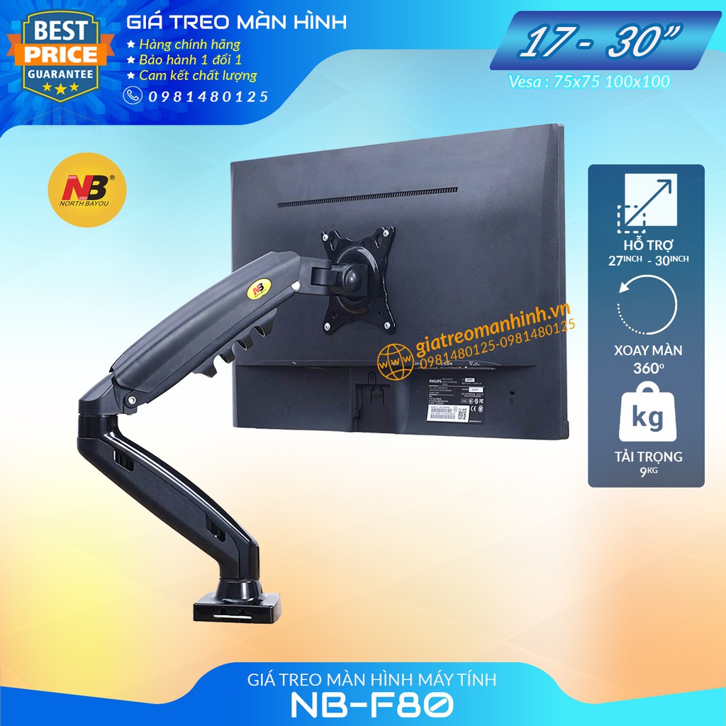 Giá Treo Màn Hình NB-F80 Tải Trọng 9Kg / Tương Thích Màn 17-30 Inch (Upto 34 Inch) - Lắp Đặt Kẹp Bàn &amp; Vít Xuyên Bàn