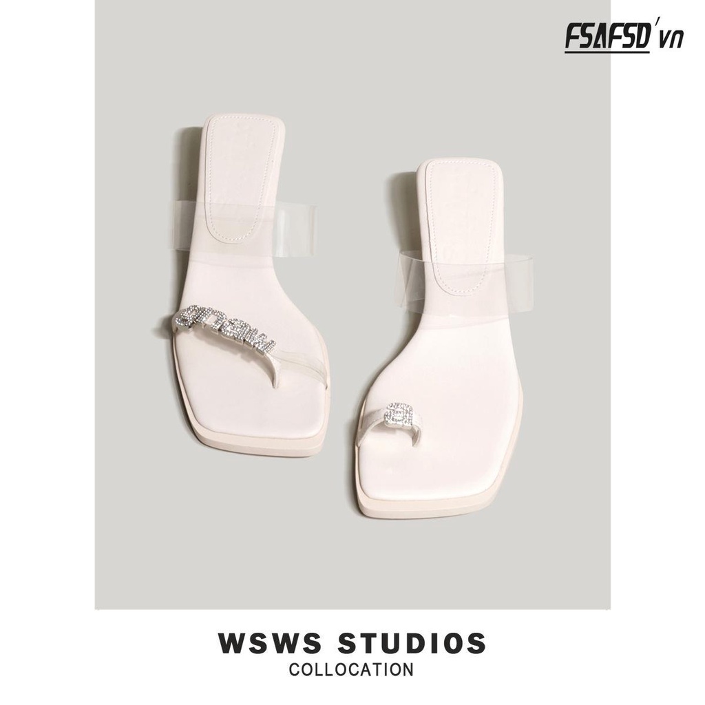 Dép Xỏ Ngón Đế Bằng Mũi Vuông Đính Đá Thời Trang Dành Cho Nữ