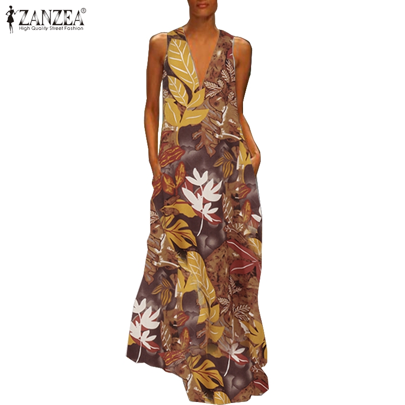 ZANZEA Đầm Maxi Nữ Không Tay Cổ Chữ V In Hoa Thời Trang | BigBuy360 - bigbuy360.vn