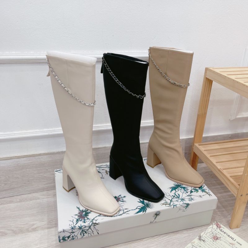H(ẢNH THẬT) Boot Ống Đùi Phối Xích Rớt Gót Vuông 9p Lót Lông Da Siêu Mềm Êm Xịn Cao Cấp Fullbox