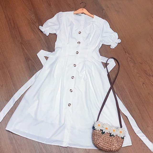 Đầm váy trắng xếp li eo tay nhúng (kèm hình thật)