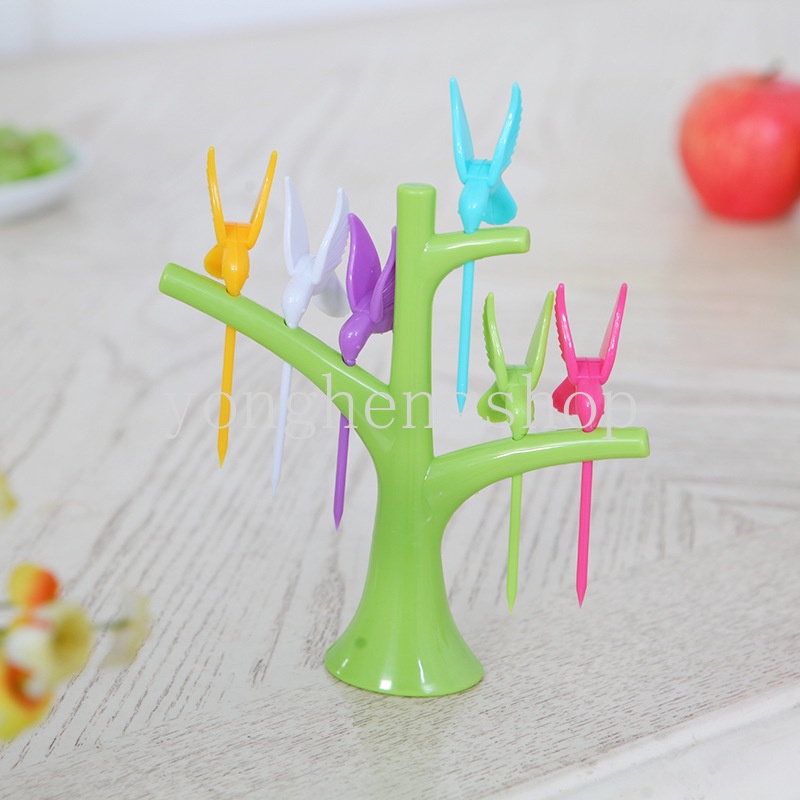 Nĩa Ăn Tráng Miệng Hình Cây Và Chim Bằng Nhựa Màu Sắc Ngẫu Nhiên Có Thể Tái Sử Dụng