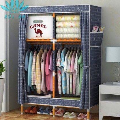 Tủ Vải Đựng Quần Áo Khung Gỗ 2 Buồng Bọc Nhựa, Tủ quần áo vải khung gỗ bảo hành 12 tháng