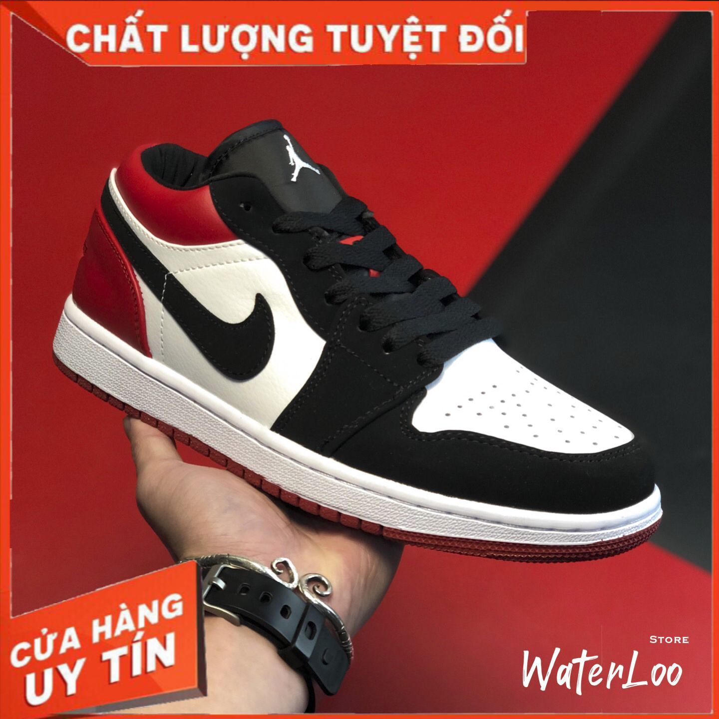 [FREESHIP+HỘP+QUÀ] Giày Thể Thao Sneakers AIR JORDAN 1 Low Red White Trắng mũi đen gót đỏ