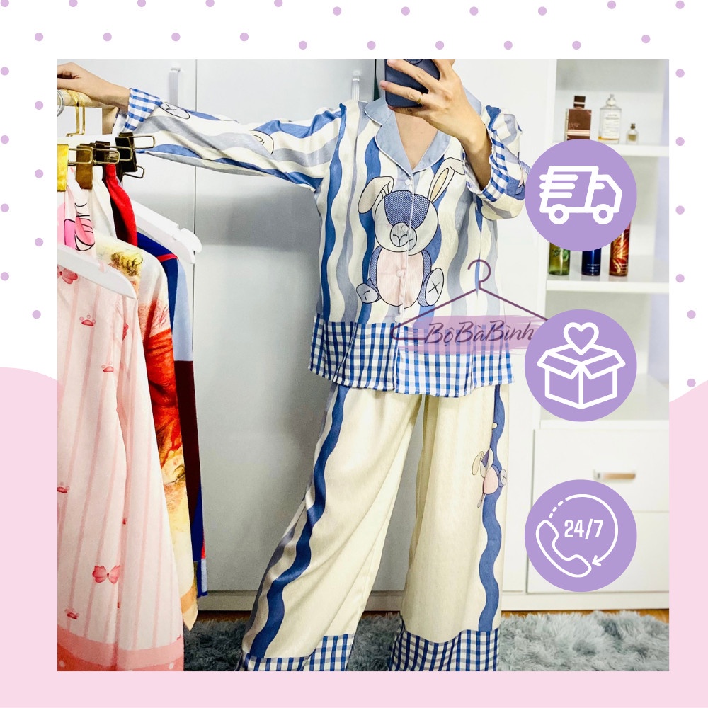 Đồ Ngủ Pijama Nữ Sam Freesize Mặc Nhà Tay Dài Mềm Mát Sang Chảnh Họa Tiết Thỏ Xanh