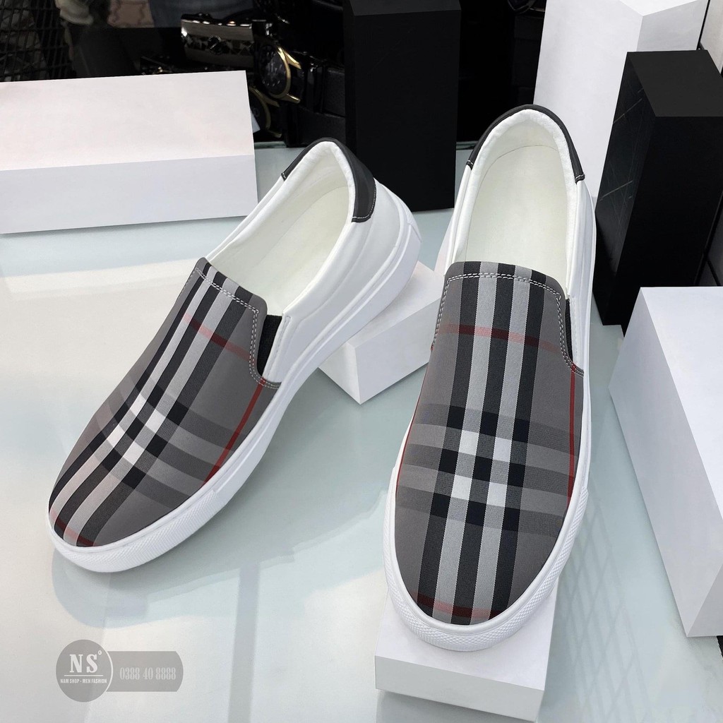 [FREESHIP 50k] Giày lười nam kẻ buberryy màu trắng da Pu cao cấp sang trọng